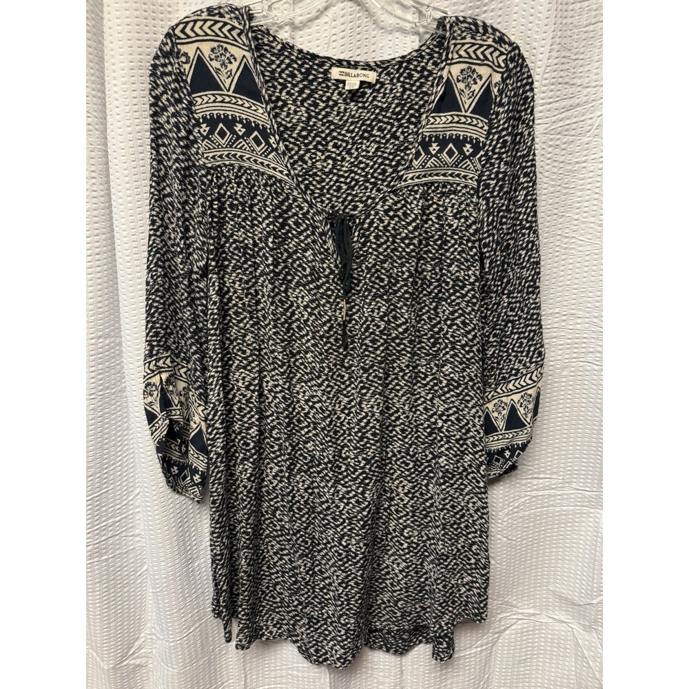 Billabong Women's Patterened Long Sleeve Boho Rayon Mini Dress S/P Tie Accent